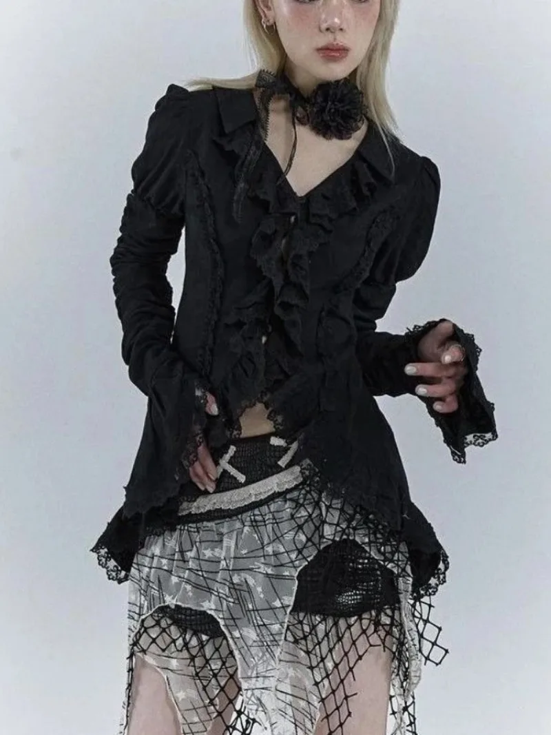 ヴィンテージ ボディコン フォールド Tシャツ フレア袖 カジュアル 中世風 プリンセススタイル レース 透かし彫り 無地 レディースブラウス 2025年秋