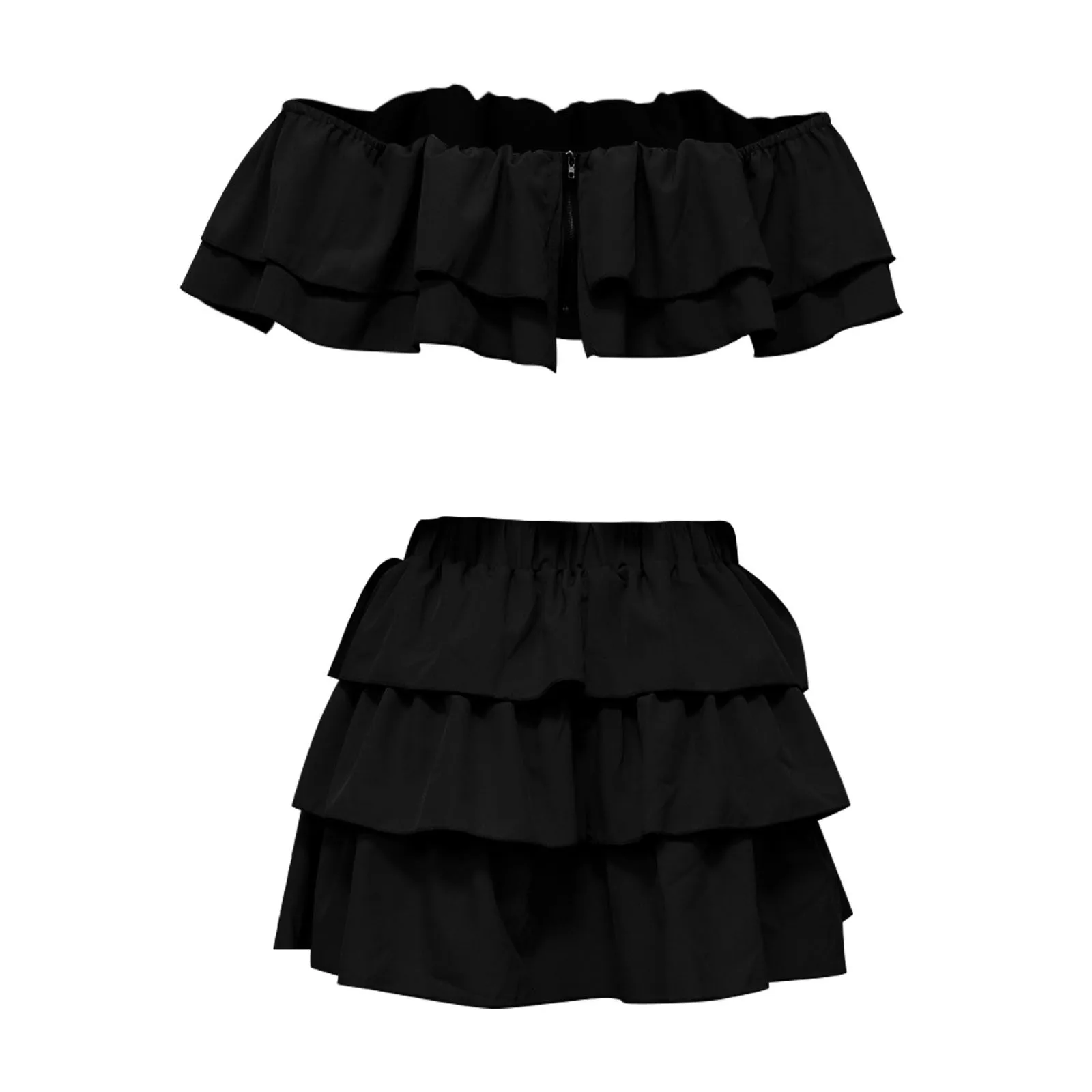 Women's Two Piece Skirt Suit Cheerleaders clothing Summer Pleated Off Shoulder Strapless Crop Top Layered Shorts Set Club Outfit