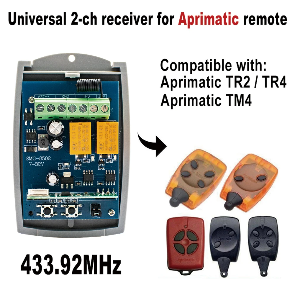 APRIMATIC TR2 TR4 TM4 TX2M/4M 433.92MHz Garage Gate Remote Control Receiver AC 220V DC 7-32V Universal Door Receiver