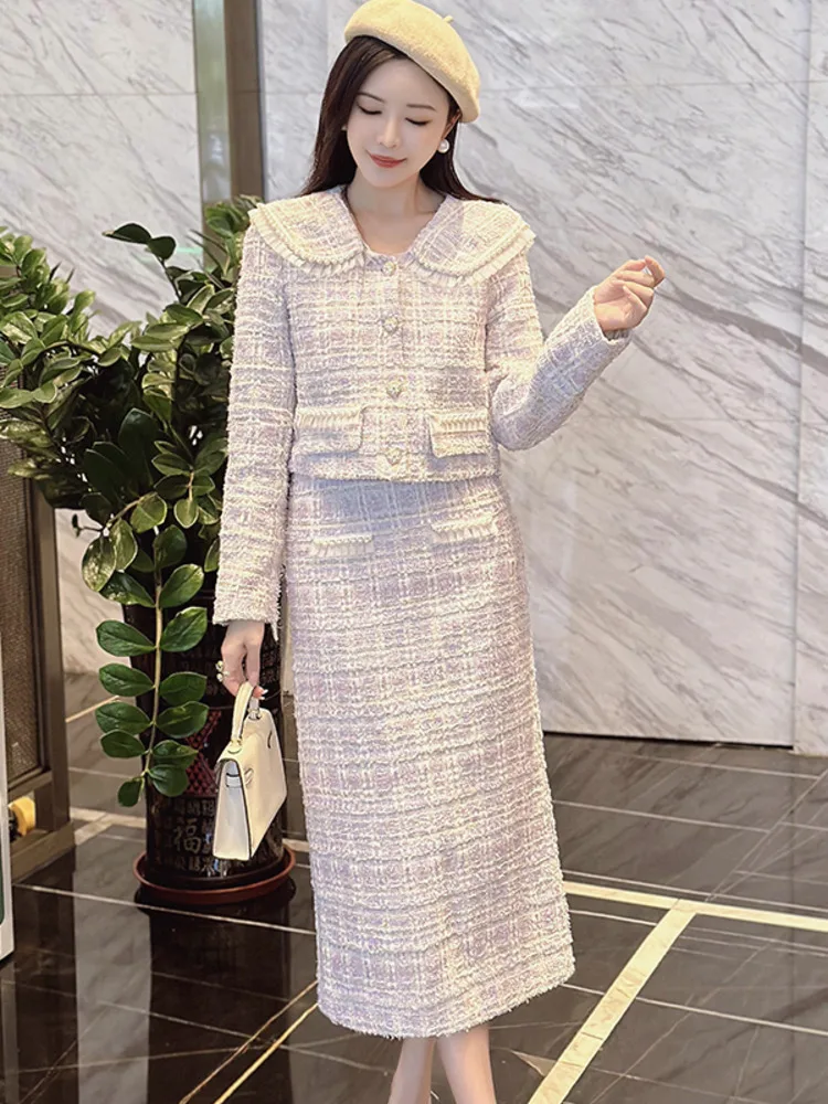 High Quality Fashion Sweet Two Piece Set Women French Jacket Coat + Skirt Suits Fall Winter 2 Piece Outfits Conjuntos Cortos