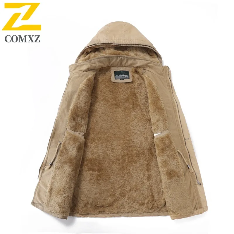COMXZ 2024 Mens Plus Size Cotton Fleece Workwear American Style Jacket Long Coat Waterproof And Windproof Multi Pocket