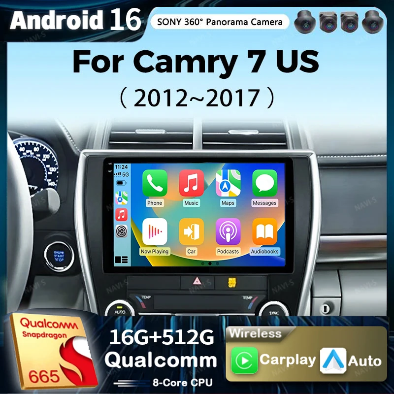 Radio para Auto Android 16 con Android Auto para Toyota Camry 7 XV 50 55 Versión Estadounidense 2012-2017, Reproductor Multimedia Carplay, Estéreo, 48EQ, GPS, DSP