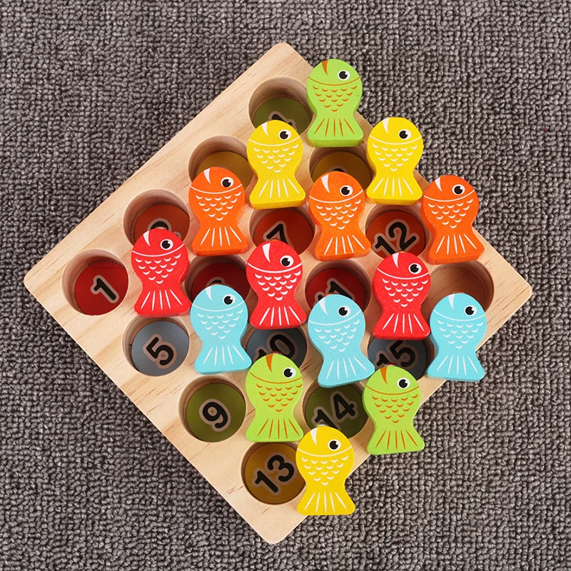 Wooden Magnetic Digital Fishing Game for Children's Fun Insect Catching and Fishing Music Toy Fishing Rod 15 Small Fish Blocks