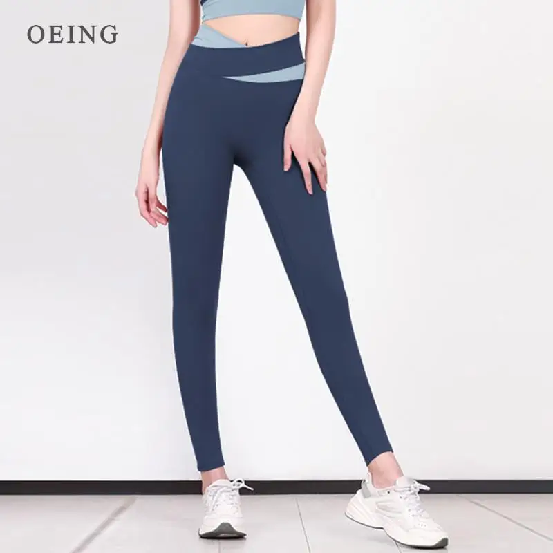 Women Yoga Pants Fashion Patchwork Color Crossover High Waist Hip Lift Abdominal Sports Leggings Gym Fitness Workout Tights