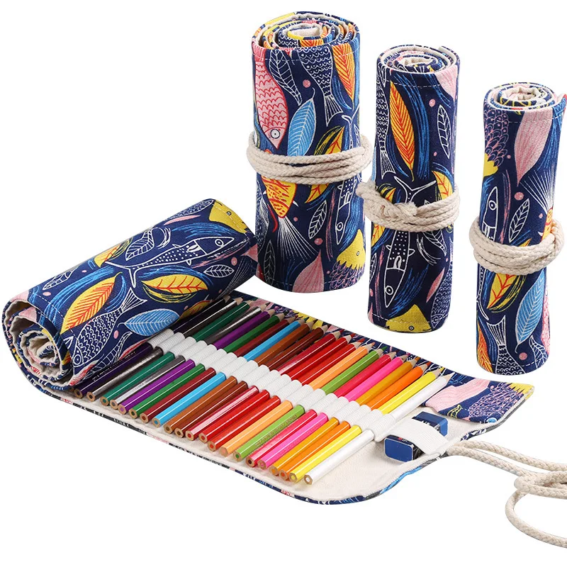 24 Holes Roll Art Pencil Case Korean Style Canvas Student Pencil Bag Paint Brush Art Holder Student Supplies Stationery