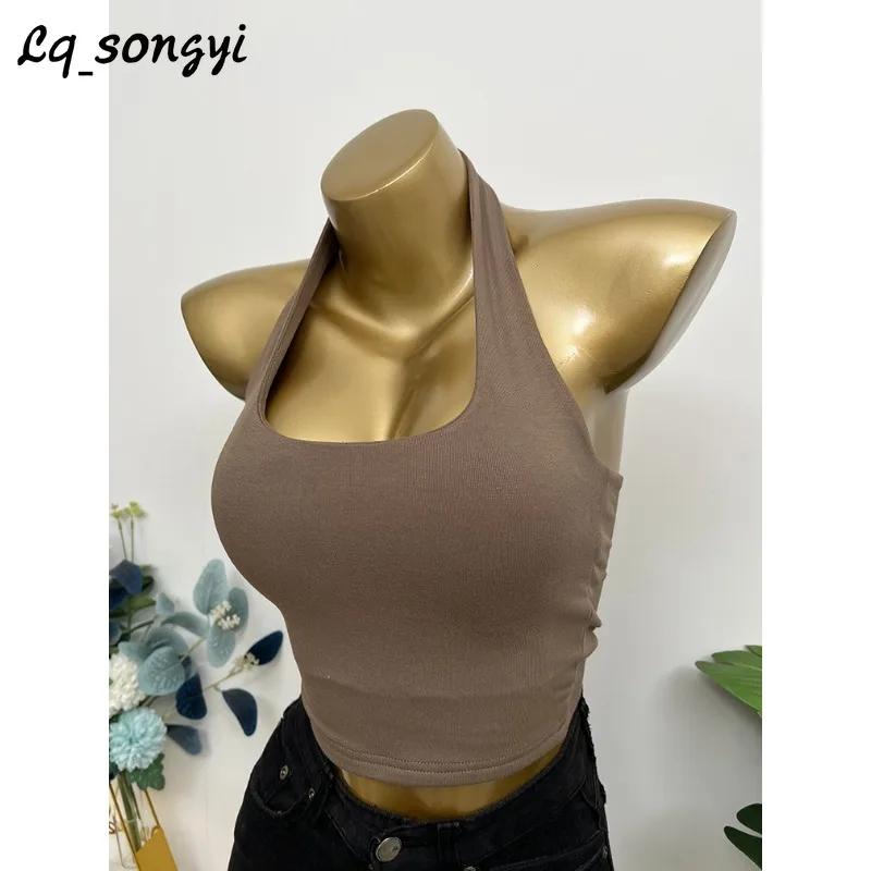 

Lq_songyi Halter Slim Camisole for Women with Chest Pads Sleeveless Tops 2024 New Summer Tanks Tops Female Basic Solid Camisole