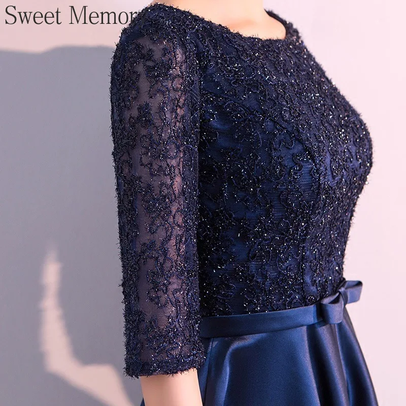 D495 Customize Navy Blue Evening Dress Elegant A Line Satin Lace Sweet Memory Women Formal Wedding Guest Dresses Prom Party Gown