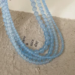 Minar Vintage 4 6 8 10mm Blue Color Natural Stone Beaded Necklace for Women Femme Silver Plated Beads Chokers Wholesale Jewelry