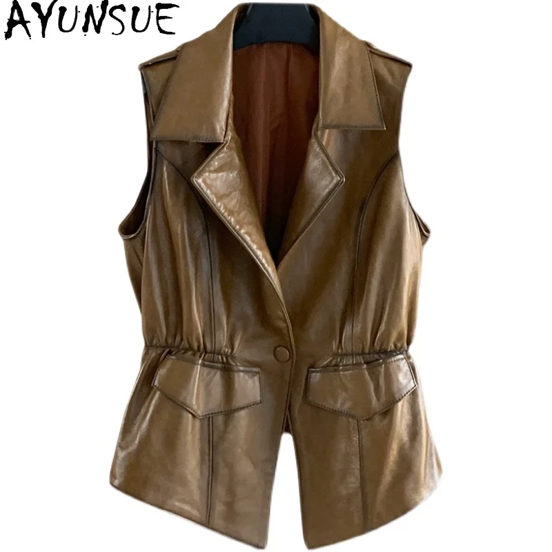 เสื้อกั๊กหนังแกะผู้หญิง AYUNSUE รุ่นใหม่ปี 2025 ดีไซน์เก๋ไก๋ ปกเสื้อแบบปกเชิ้ต ติดกระดุมเม็ดเดียว เสื้อผ้าแฟชั่นสำหรับผู้หญิง Ropa Mujer