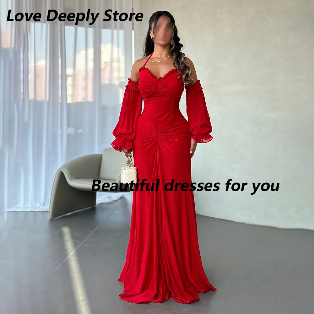 Red Long Evening Dress Halter Neck Puff Sleeve Ruched Mermaid Formal Gown Elegant Wedding Guest Party Dress for Women Customized