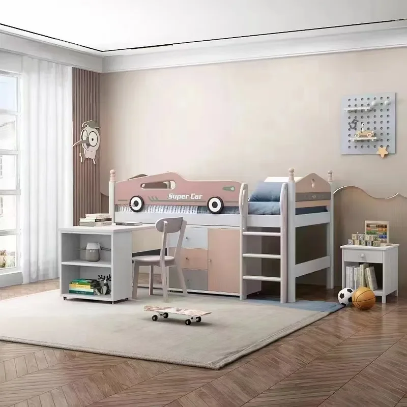 for Children Half Height Bed All Solid Wood Boys Integrated Bed Under Table Small Apartment with Desk Wardrobe Girl Medium