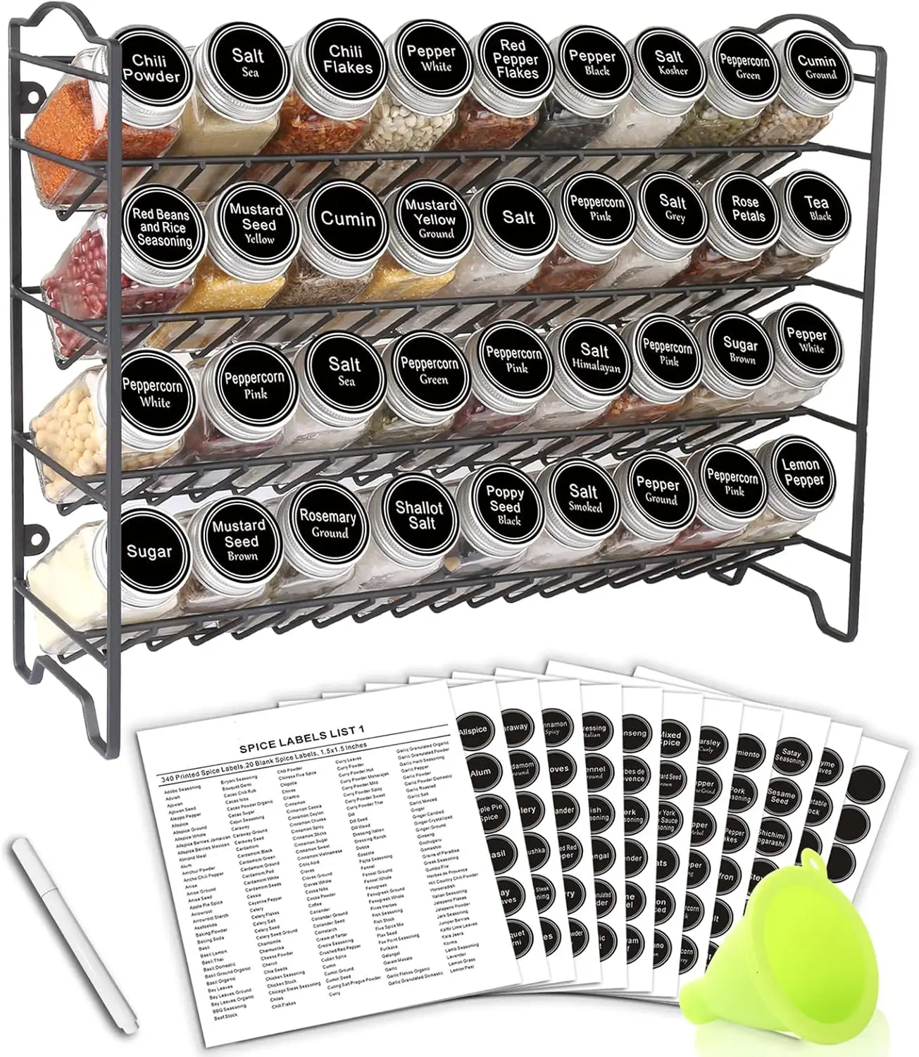 

Spice Rack Organizer with 36 Empty Square Spice Jars, 396 Spice Labels with Chalk Marker and Funnel Complete Set