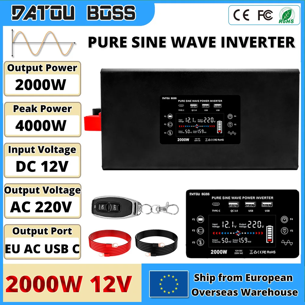 DATOUBOSS 2000W 12V Reiner Sinus-Wechselrichter zu 220V AC Konverter RV Auto-Stromwandler EU AC-Steckdose USB LCD Fernbedienung