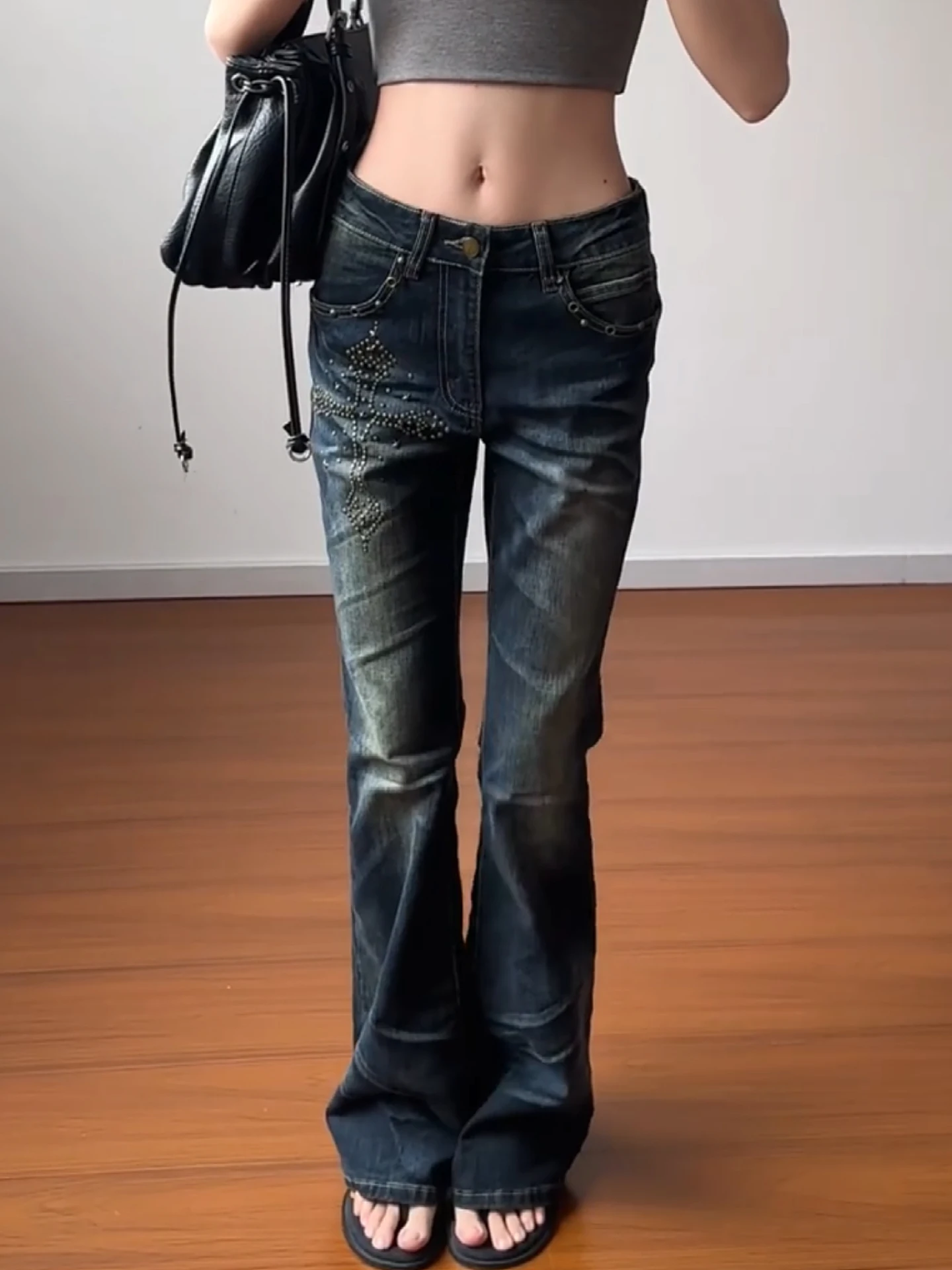 

plus Size American Retro Cross Embellished Bell Bottom Jeans Women Slimming Long Pants High Waist Denim Fabric Casual Style