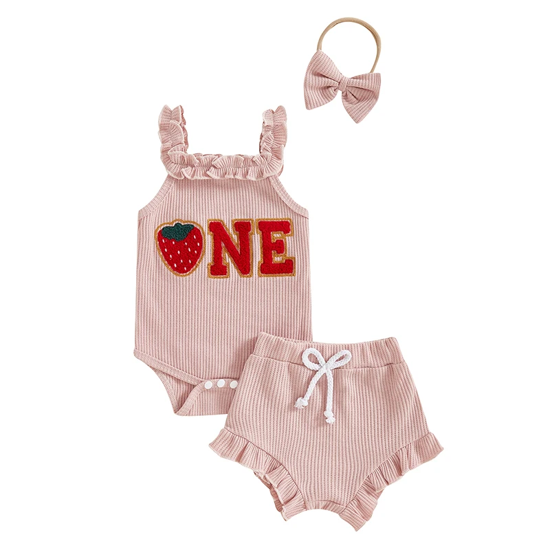 Baby Girl Birthday Outfits Strawberry Letter Embroidery Frills Waffle Sleeveless Romper Shorts Headband 3Pcs Clothes Set