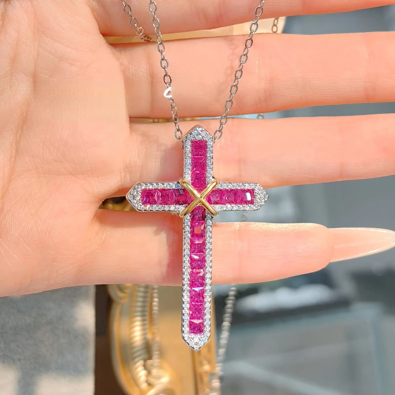 Vintage Lab Ruby Cross Pendant 925 Sterling Silver Party Wedding Pendants Necklace for Women Men Anniversary Jewelry Gift