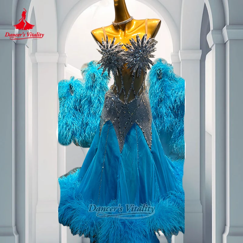 Women Adult Ballroom Dance Sleeveless Sling Wrapped Hips Dresses Customized Waltz Feather Lower Hem Clothing Dancer's Vitality