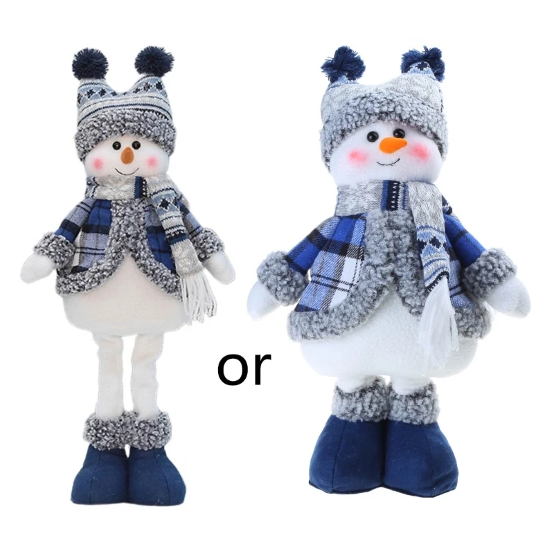 Handmade Christmas Standing Plush Snowman with Scarf Hat Ornament Extendable Legs Decoration for Fireplaces Decor