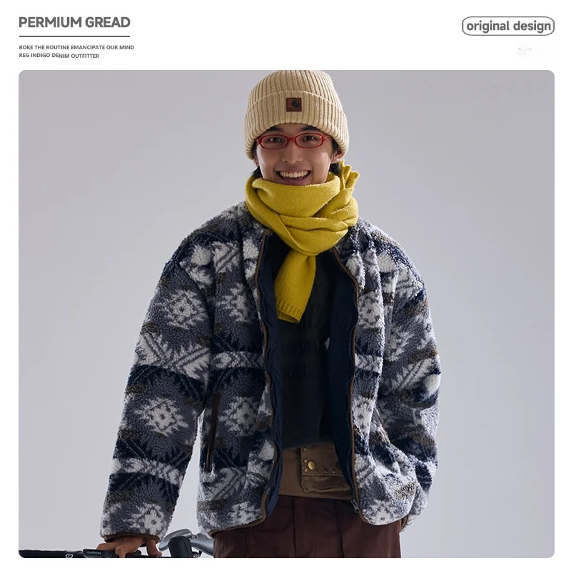 

Retro American Indian Pattern Fleece Lined Stand Collar Cotton Jacket Unisex Thickened Long Style Fashion Urban Winter Coat