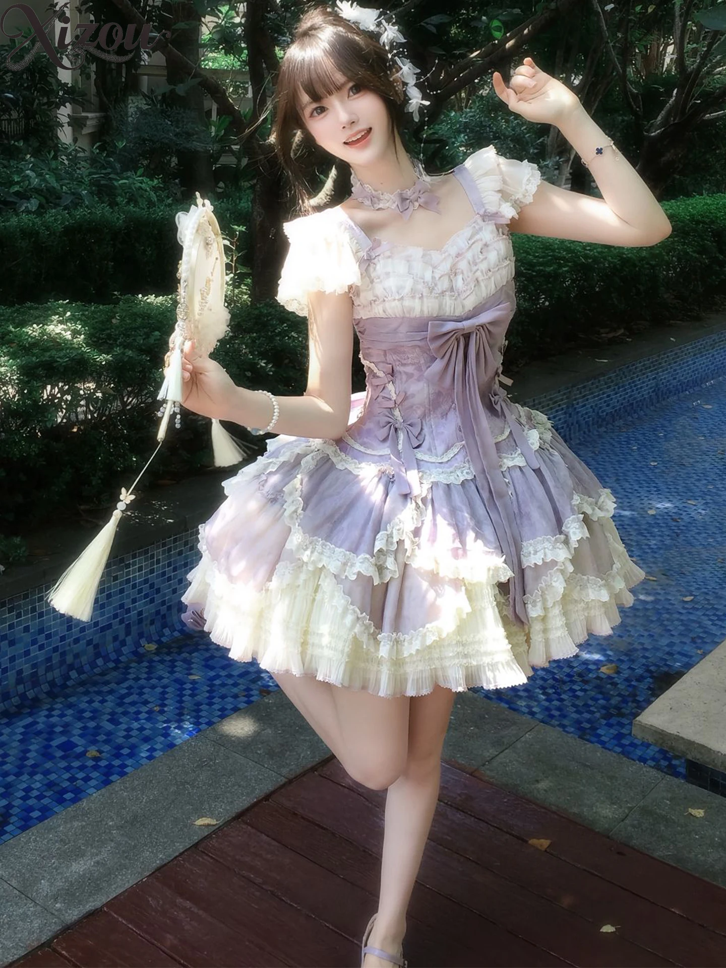 الحلو الباليه لوليتا JSK فستان المرأة الأرجواني دمية ساحة الرقبة تحلق الأكمام مقوس دانتيل رقيق كشكش كعكة الأميرة عيد ميلاد الزفاف #2