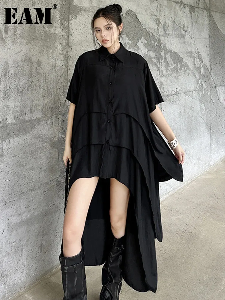 EAM Women Black Layers Back Long Big Size Long Shirt Dress New Lapel Short Sleeve Fashion Tide Spring Summer 2025 1DH6073