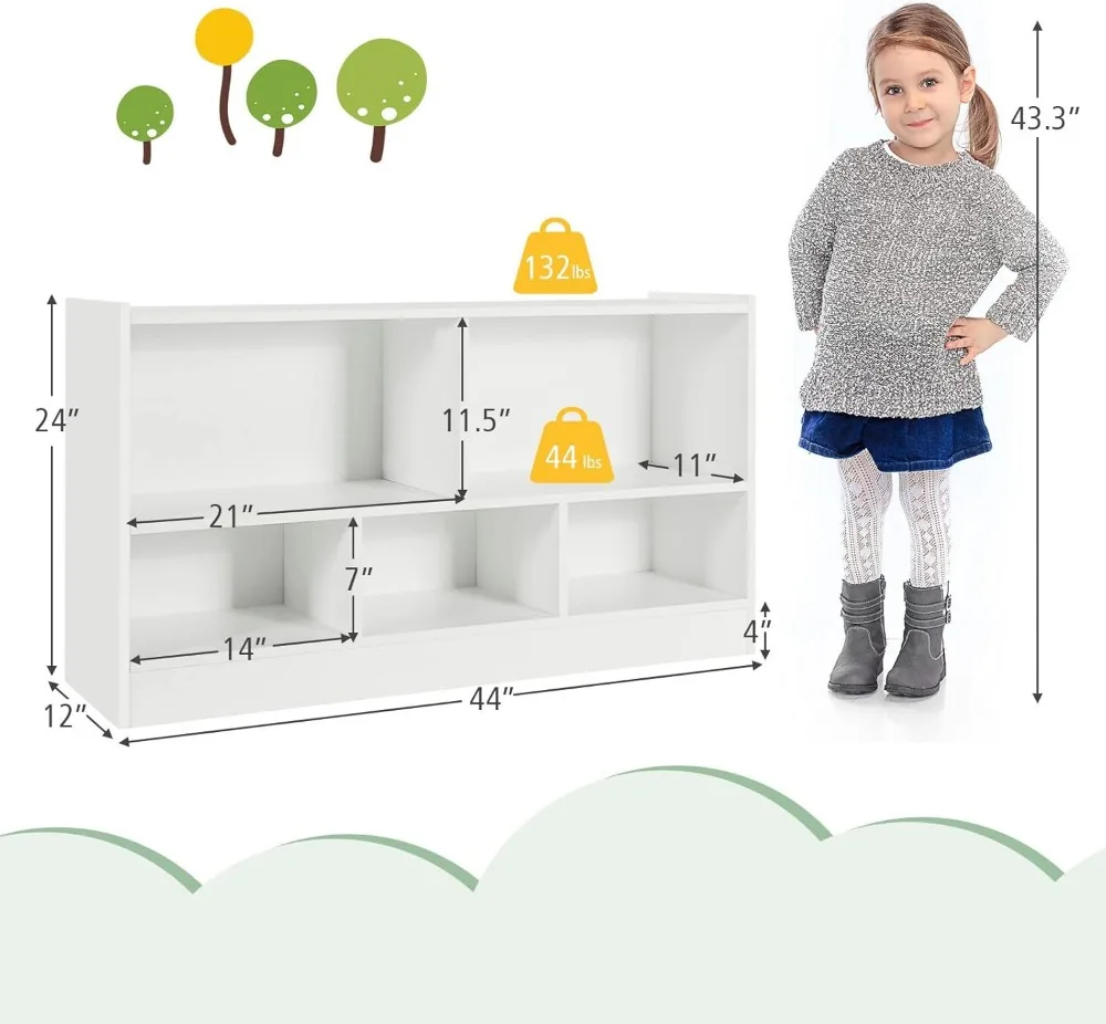 5 Cube Kids Toy Storage Organizer, 2-Tier Wooden Cabinet Rack for Books Toys, Open Bookshelf for Playroom