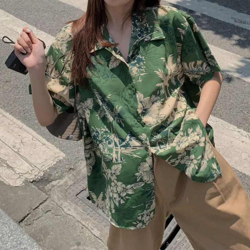 Deeptown Hawaiian Vintage Short Sleeve Shirts Y2k Youthful Woman Korean Style Blouses Stylish Harajuku Fashion Female Top Summer