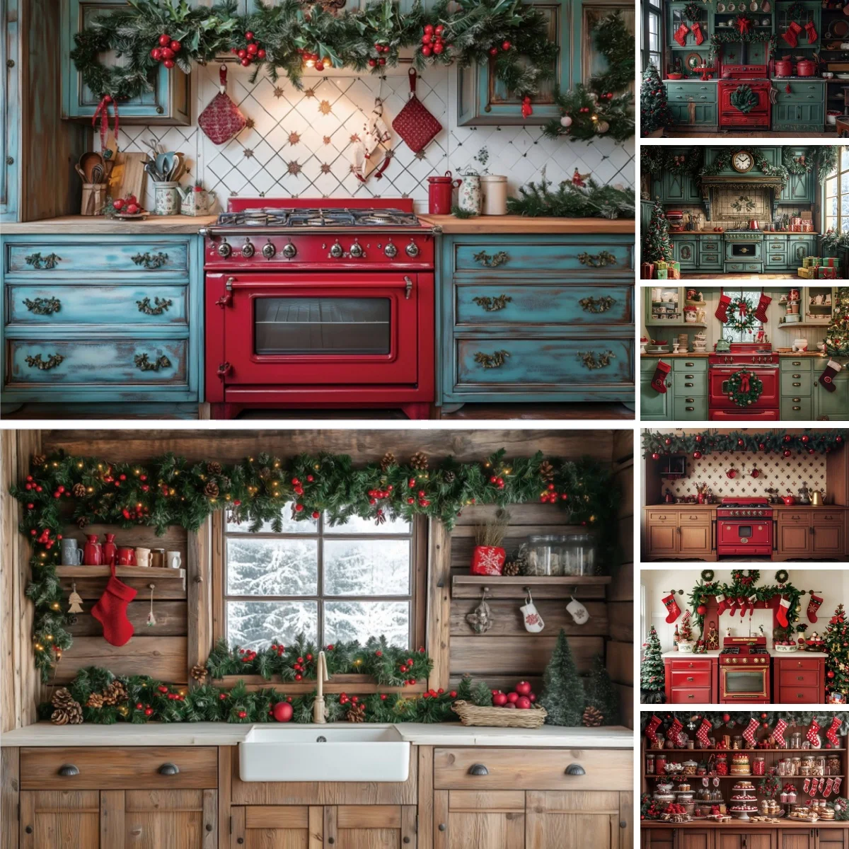 Yeele Christmas Kitchen Backdrop for Baby Shower Cake Smash Party Cabinet Kitchenware Wreath Photography Background Photo Studio