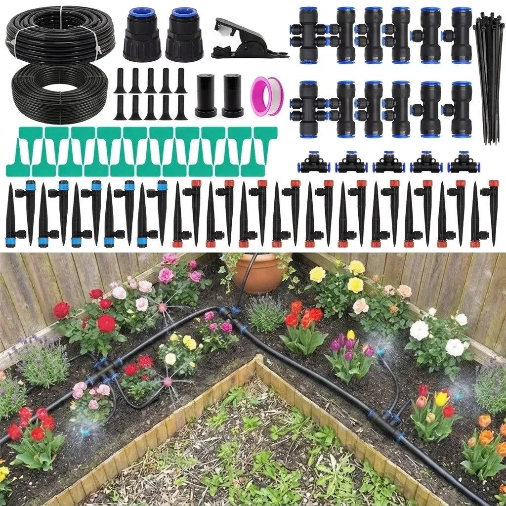 2026 Upgraded Automatic Plant Watering Kit DIY System with Push Fit Connectors 30 Adjustable Drip Sprinklers for Yard Lawn 100FT