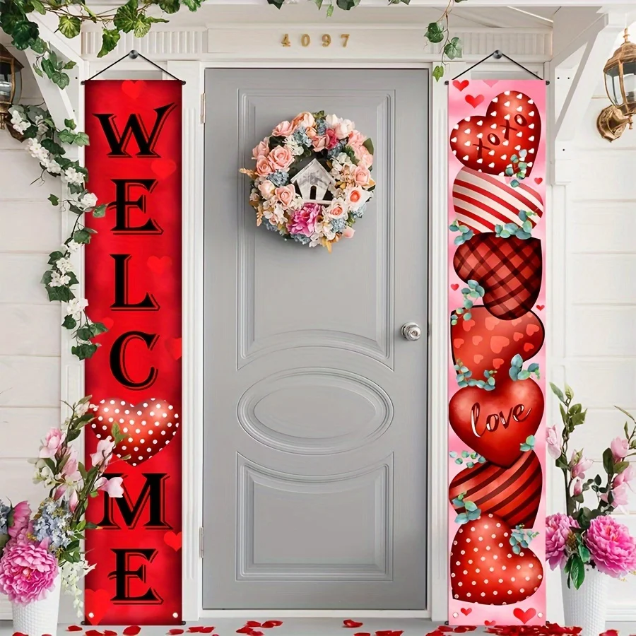 Valentines Day Door Banner Red Love Heart Hanging Sign Wedding Engagements Anniversary Front Porch Yard Home Wall Decorations