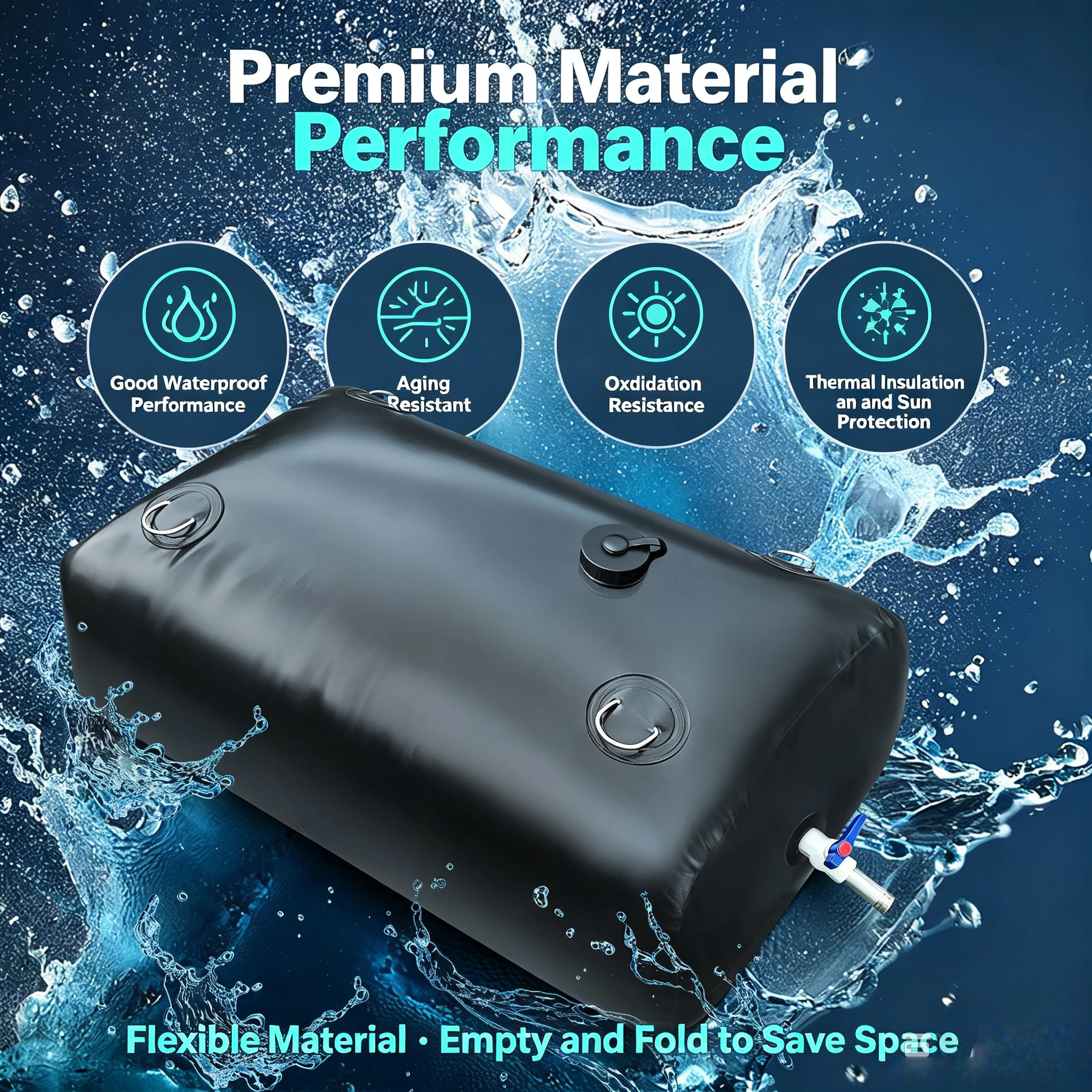 240L Foldable Water Storage Bag Soft Tank Dual Port Metal D-Rings Leakproof Agricultural Irrigation Camping Car Wash Emergency