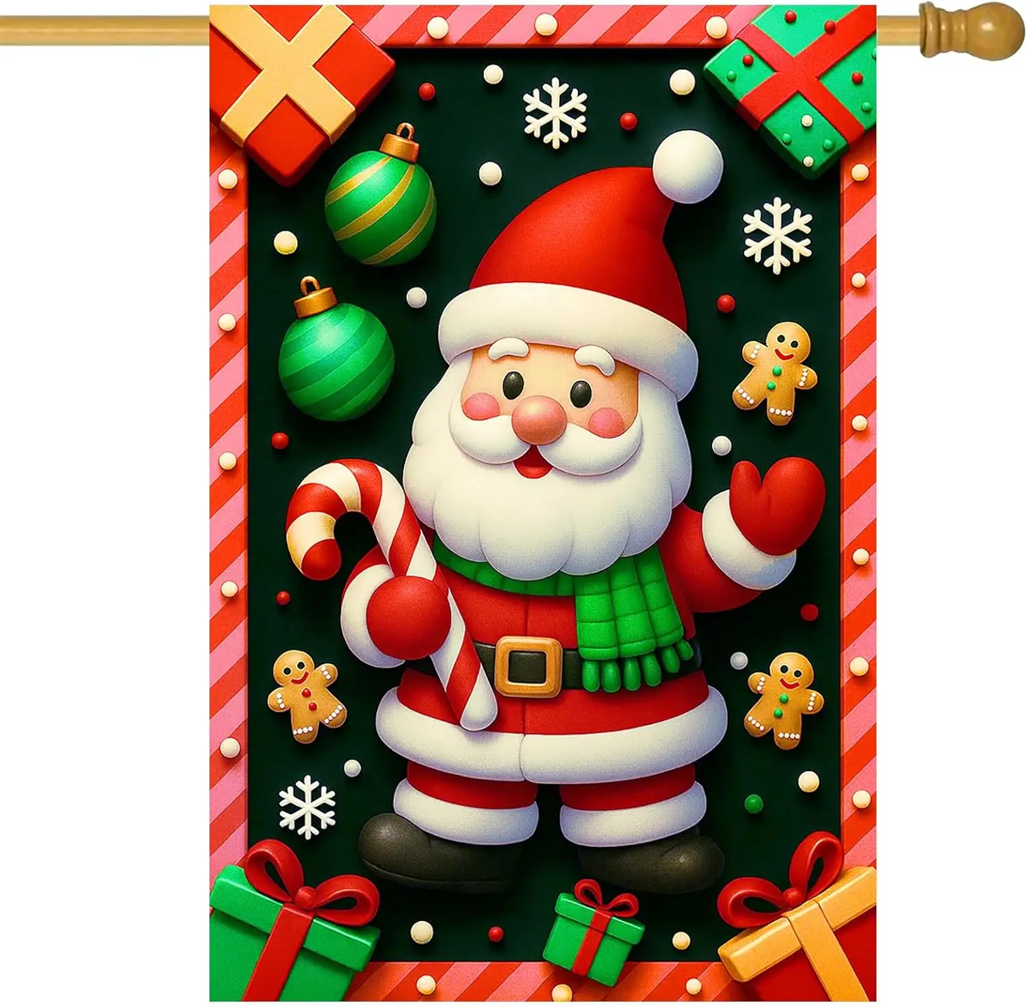 IVN Christmas Garden Flag 28x40 Inch Double Sided Santa Claus Holding Candy Cane with Christmas Gifts and Snowflakes Outdoor EEZ