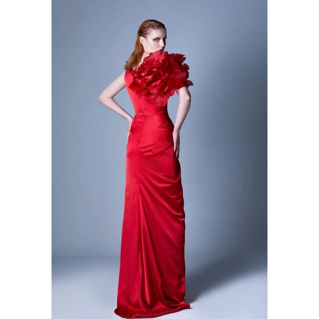 فساتين سهرة رائعة مخصصة من الساتان مستقيمة بكتف واحد وكشكشة ورقبة دائرية وأكمام قصيرة وسحاب خلفي Tra #2