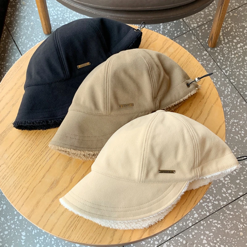 Winter Double-sided Wearing Bucket Hat for Women Lamb Wool Hat Solid Fleece Warm Fisherman Hats Female Casual Basin Caps 2023