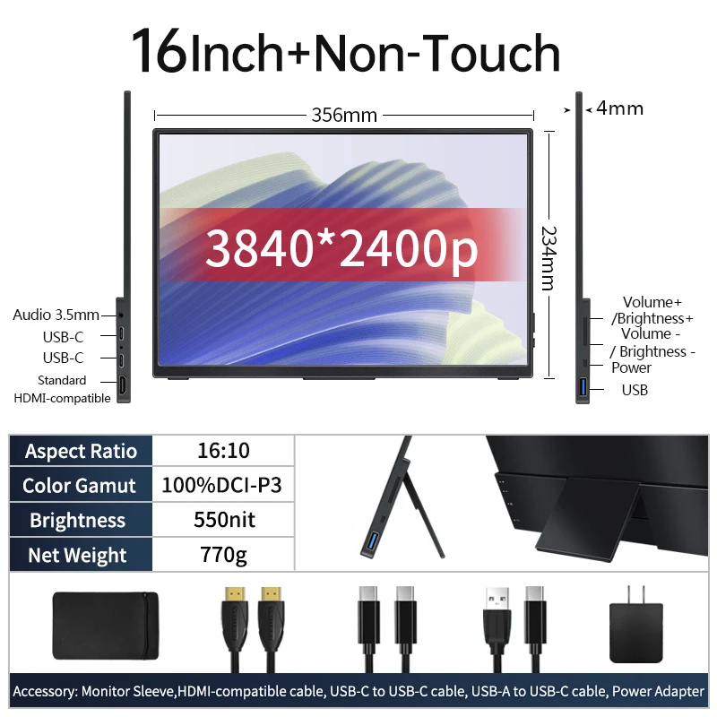 VCHANCE 16インチ OLED 4K ポータブルモニター タッチ対応 VCHANCE 16 インチ 4K ポータブルモニター 3840*2400 100%DCI-P3
