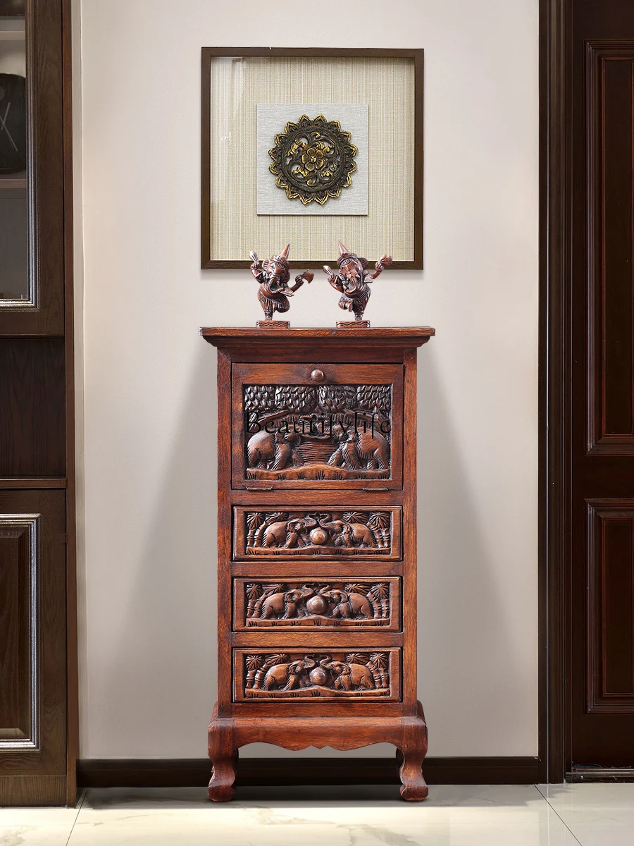 Thai Embossed Elephant Storage Four-Bucket Cabinet Southeast Asia Solid Wood Collection Chest of Drawer