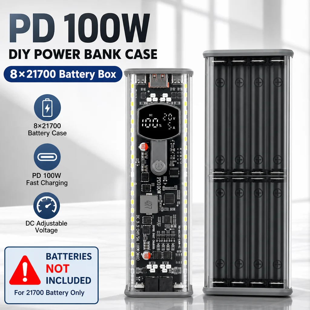 Multi Protocol Fast Charge DIY Power Bank Kit PD3.1 UFCS SCP QC3.0 100W High Power 3.3V 24V DC Adjustable Battery Case