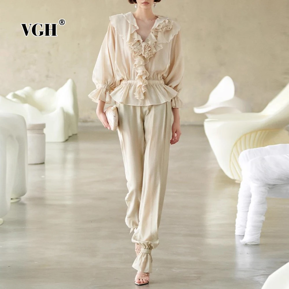 

VGH Solid Elegant Style Spliced Elastic Blouse for Women Ruffles Neck Batwing Sleeve See Through Temperament Short Shirt Female