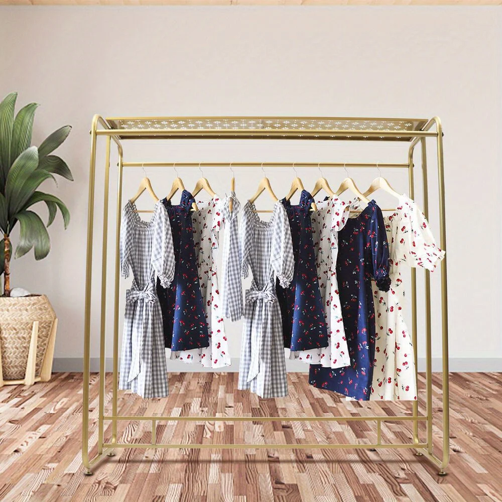 

Golden Metal Double Rod Clothing Rack - Commercial Grade Garment Display for Retail Stores