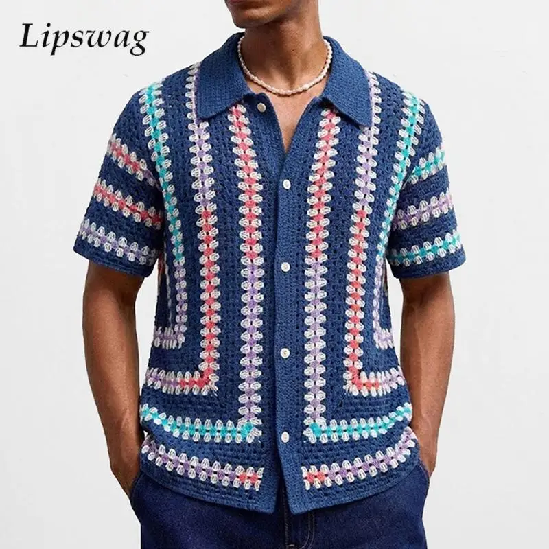

2026 весна-лето мужские повседневные рубашки вязаный кардиган с короткими рукавами и лацканами на пуговицах топы мужские стильные полосатые рубашки с вырезами
