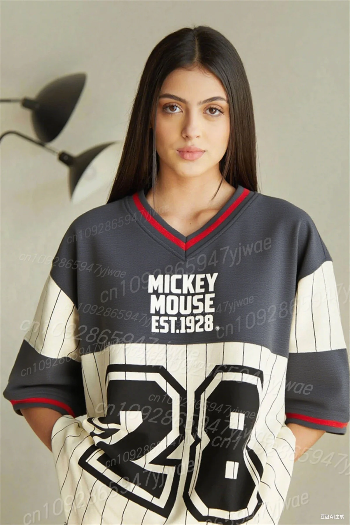 ديزني ميكي المتضخم البيسبول جيرسي تي شيرت ثلاثية الأبعاد الجرافيك تي شيرت موضة تنوعا رياضية المرأة الخامس الرقبة مخطط #6