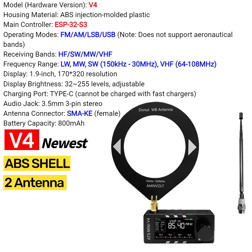 AMNVOLT V4/V3S ATS MINI SI4732 Radio ALL Band DSP Radio FM AM SSB LSB USB-ontvanger, ingebouwd Hi-Z hoofdtelefoonversterkercircuit