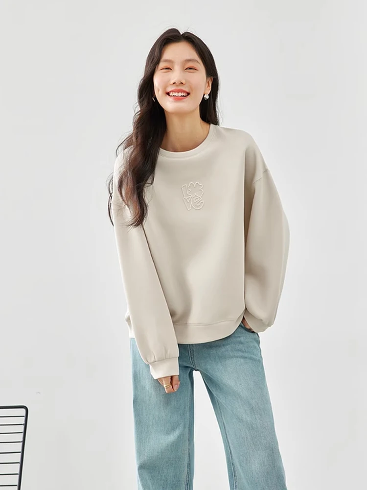 Vimly Women Lazy Style Drop Sleeve Sweatshirts 2024 Spring Letter Embroidery Pullover Loose Casual Fashion Long Sleeve Top 30060