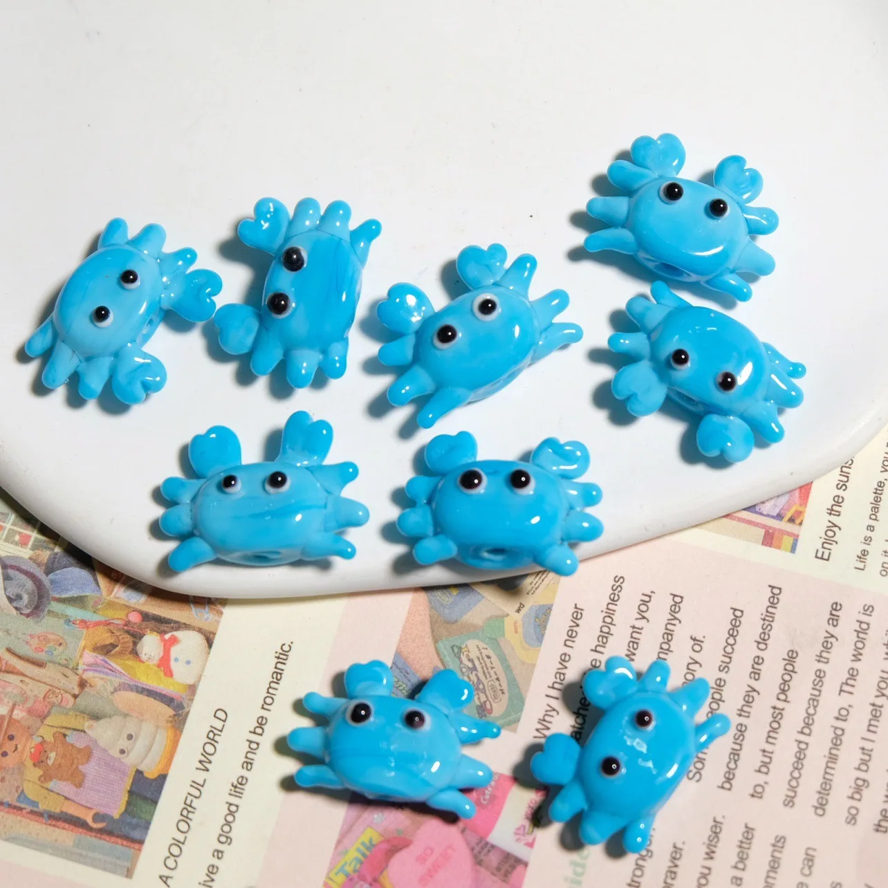 Cartoon Glass Transparent Small Crab Straight Hole Bead Diy Accessory