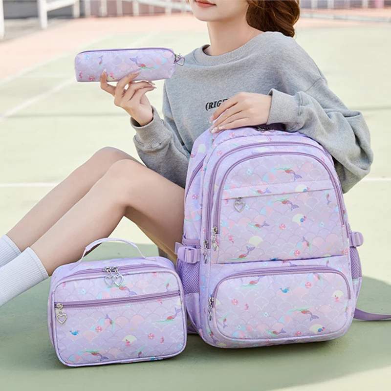 Large Capacity School Backpack for Girls with Lunch box Elementary Primary Middle School Bag Mermaid Book bags for Teen Students