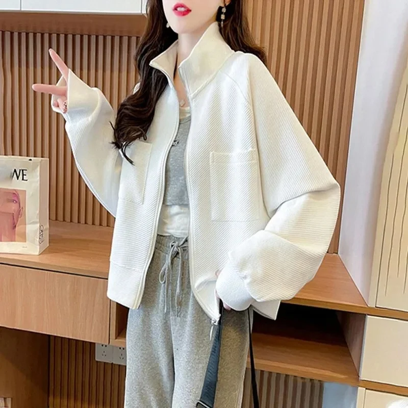Damski kardigan z kołnierzykiem stójką, cienki, wiosenno-jesienny, koreański, luźny płaszcz, bluza rozpinana na zamek, modna, uniwersalna odzież wierzchnia, damskie topy.