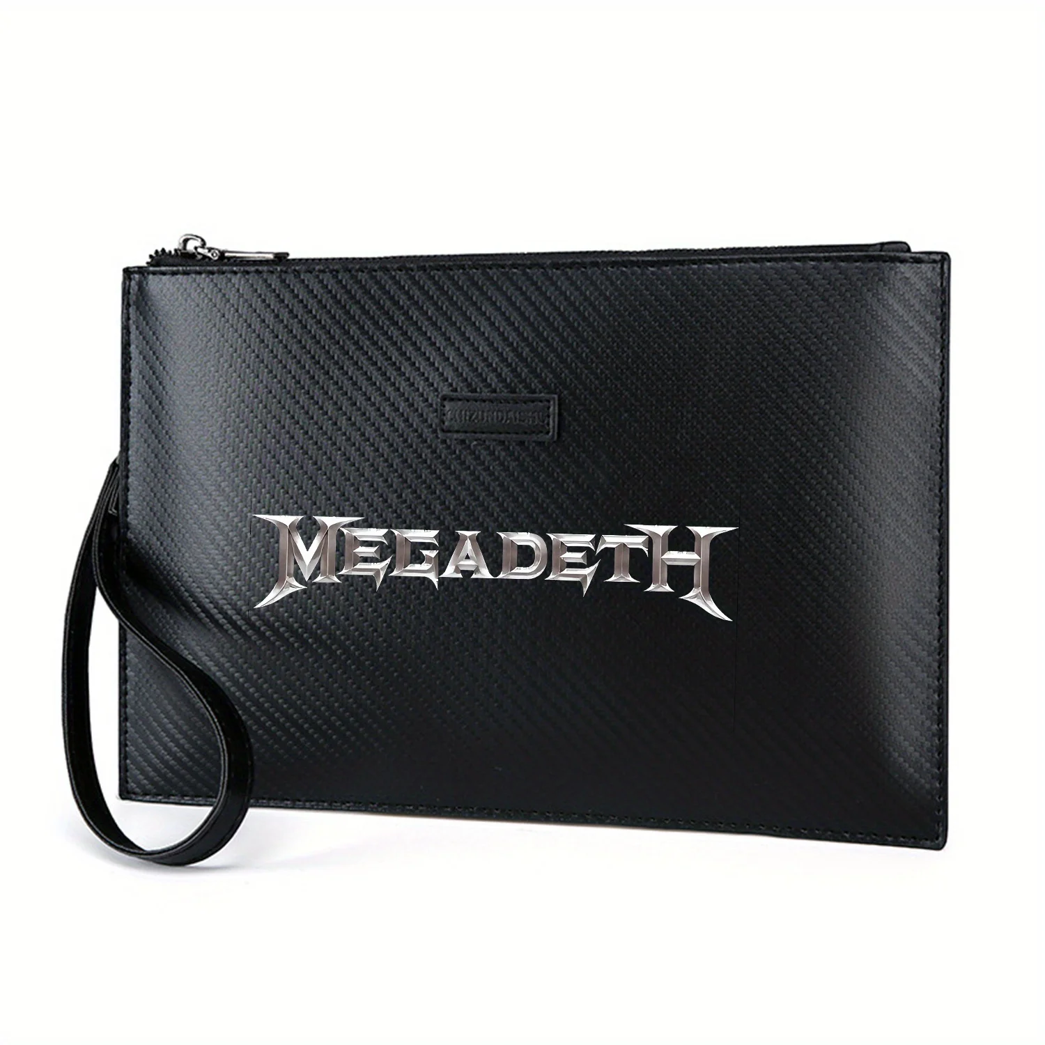 

Дизайн шрифта с логотипом металлической ленты. Элегантная мужская сумка из искусственной кожи с принтом. Модная и практичная для повседневной носки.