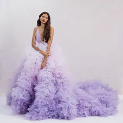 Dreamlike Gradient Lavender Fluffy Tiered Tulle abiti da sposa profondo scollo a v Puff Tutu Ball Gowns abito formale senza schienale