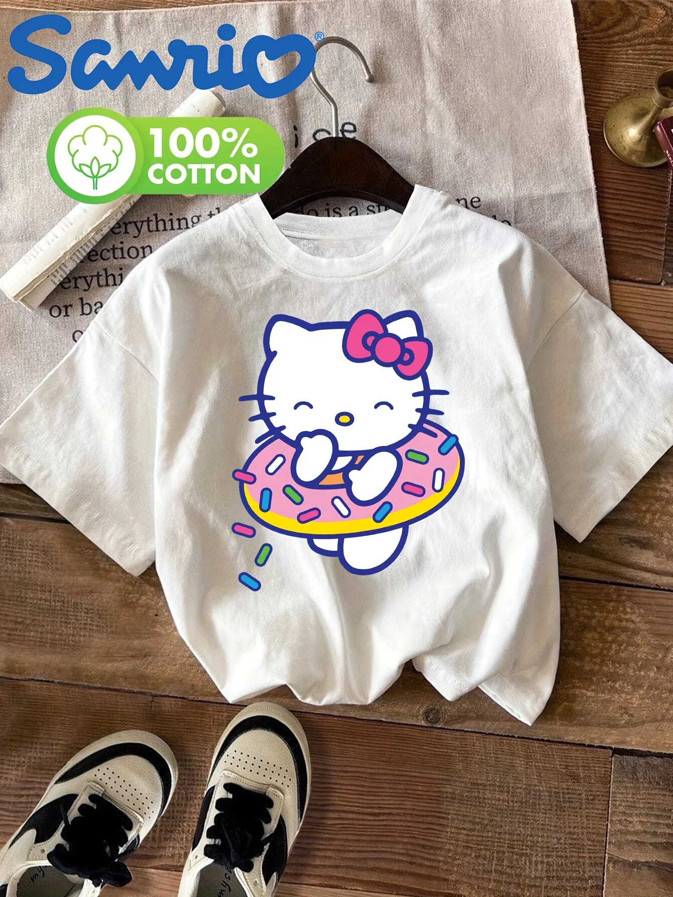 

Sanrio Hello Kitty, милая летняя футболка с героями мультфильмов для мальчиков и девочек, повседневная спортивная винтажная удобная семейная футболка с короткими рукавами для родителей и детей