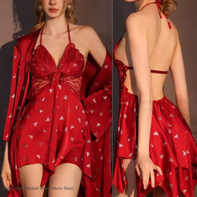 

Sexy Women Robe Set Nightgown Hollow Butterfly Lace Lingerie Sleepwear Bronzing Backless Nightdress Underwear Satin Homewear
